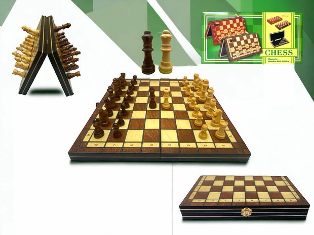 Jeu d&#039;&eacute;checs - 34 x 34 cm - Bois - Magn&eacute;tique - Pliable - Jeu d&#039;&eacute;checs - &Eacute;checs en bois