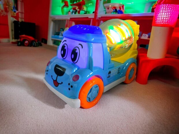 DogTruck Bump&amp;Go - betonmixer vrachtwagen hondje - beweegt, geluid en muziek Blauwe 