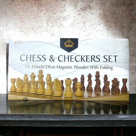 Chess and checkers 2in1 package - Foldable - magnetic chess pieces and checkers pieces - Wood - 39CM