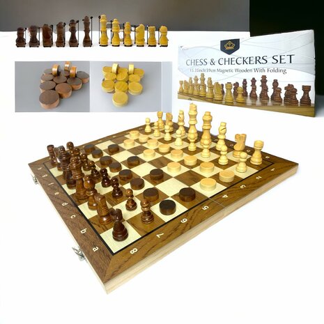 Chess and checkers 2in1 package - Foldable - magnetic chess pieces and checkers pieces - Wood - 39CM