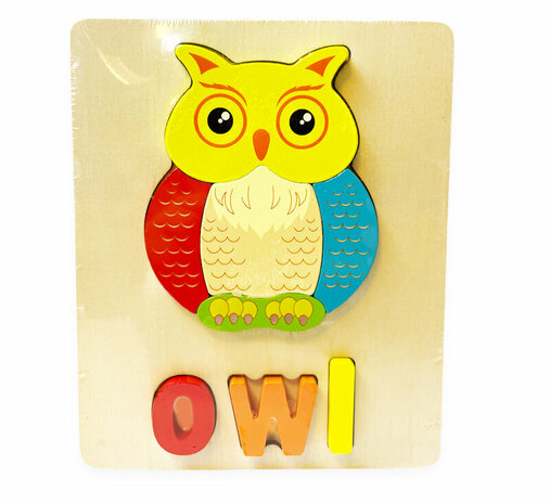 Jouet de hibou de puzzle d&#039;incrustation en bois - puzzle de forme pour les enfants 18x15cm