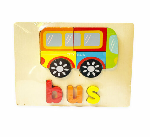 Houten inlegpuzzel bus speelgoed - vormen puzzel voor kinderen 18x15cm