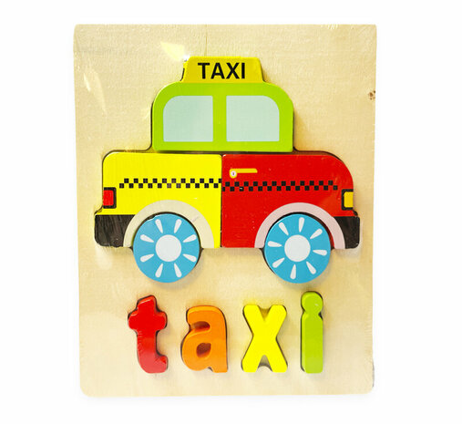 Wooden inlay puzzle taxi toy - shape puzzle for children 18x15cm