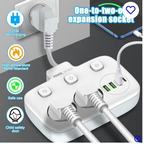 Power strip with USB-C 20W Fast Charger - 2 Sockets - 4 USB Ports 1.8 Meter