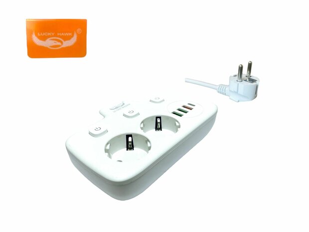 Power strip with USB-C 20W Fast Charger - 2 Sockets - 4 USB Ports 1.8 Meter