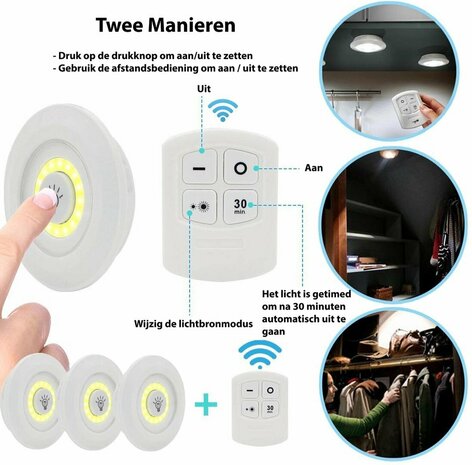 LED Lampen - 3 stuks met afstandsbediening - draadloze wandlampen - Dimbaar - met Timer - wit licht