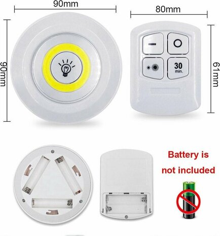 LED Lamps - 3 pieces with remote control - wireless wall lamps - Dimmable - with Timer - white light