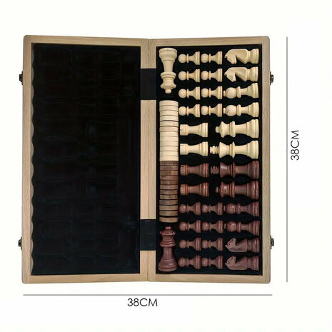 Schaken en dammen 2in1 - 38X38CM - beuken hout schaakbord Inklapbaar - 2 Extra Koninginnen