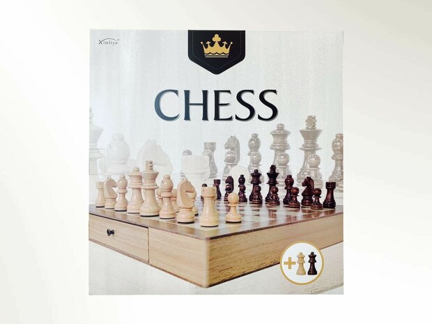 Chessboard - Wooden - 38x38cm - with modern conveniences such as a built-in storage drawer + 2 Extra Queens