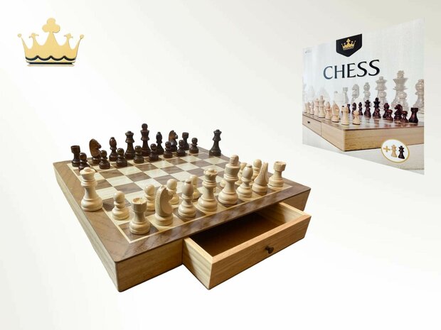 Chessboard - Wooden - 38x38cm - with modern conveniences such as a built-in storage drawer + 2 Extra Queens