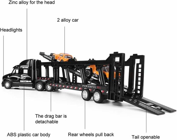 Vrachtwagen - DIE-CAST - autotransporter&nbsp;+ 2 mini Sportauto&#039;s 3in1 - pull-back drive Truck 