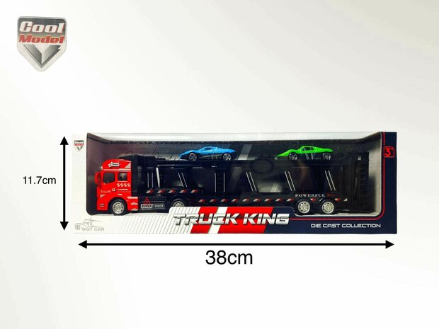 Vrachtwagen - DIE-CAST - autotransporter&nbsp;+ 2 mini Sportauto&#039;s 3in1 - pull-back drive Truck R