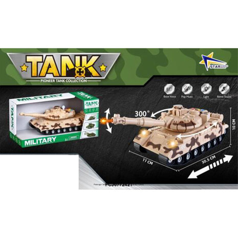 Warrior military speelgoed Tank - Licht en geluid - Frictie motor - Bruin