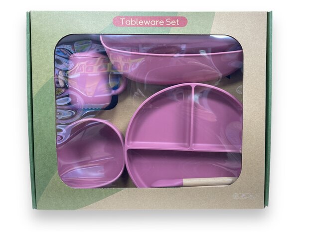 Silicone baby/toddler tableware 6 piece set - plate - bib - bowl - drinking cup - cutlery - dark pink