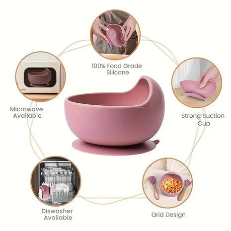 Vaisselle b&eacute;b&eacute;/enfant en silicone 6 pi&egrave;ces - assiette - bavoir - bol - gobelet - couverts - rose fonc&eacute;