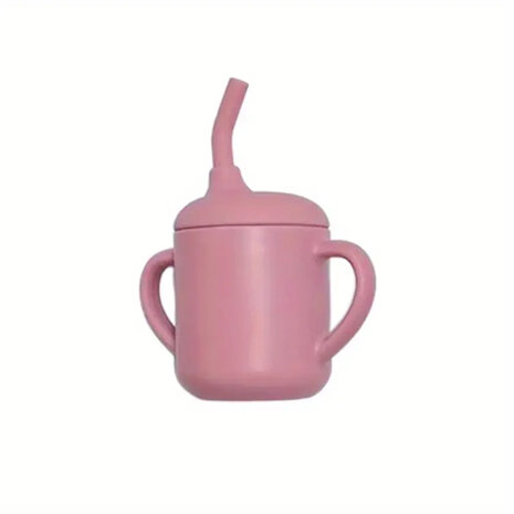 Siliconen baby/peuter servies 6 delig set - bord - slabbetje - kom - drinkbeker - bestek - donker roze