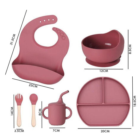 Siliconen baby/peuter servies 6 delig set - bord - slabbetje - kom - drinkbeker - bestek - donker roze