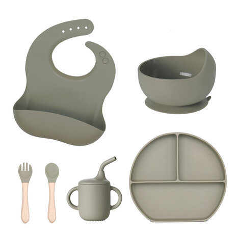 Vaisselle b&eacute;b&eacute;/enfant en silicone 6 pi&egrave;ces - assiette - bavoir - bol - gobelet - couverts - Vert