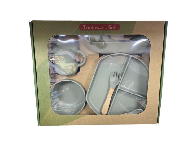 Siliconen baby/peuter servies 6 delig set - bord - slabbetje - kom - drinkbeker - bestek - Groen