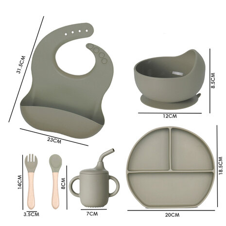 Vaisselle b&eacute;b&eacute;/enfant en silicone 6 pi&egrave;ces - assiette - bavoir - bol - gobelet - couverts - Vert