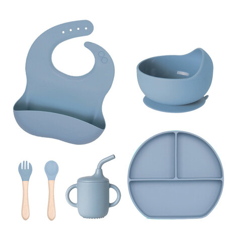 Vaisselle b&eacute;b&eacute;/enfant en silicone 6 pi&egrave;ces - assiette - bavoir - bol - gobelet - couverts - bleu