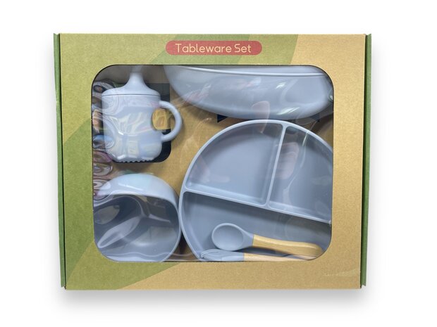 Siliconen baby/peuter servies 6 delig set - bord - slabbetje - kom - drinkbeker - bestek - blauw