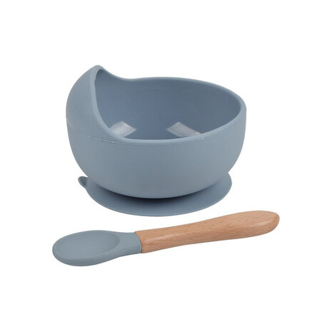 Siliconen baby/peuter servies 6 delig set - bord - slabbetje - kom - drinkbeker - bestek - blauw