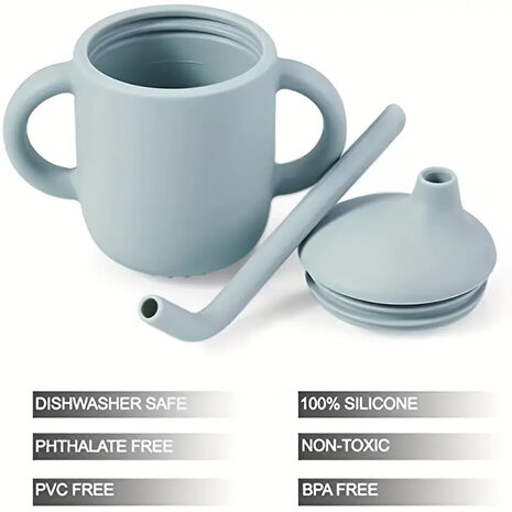 Siliconen baby/peuter servies 6 delig set - bord - slabbetje - kom - drinkbeker - bestek - blauw