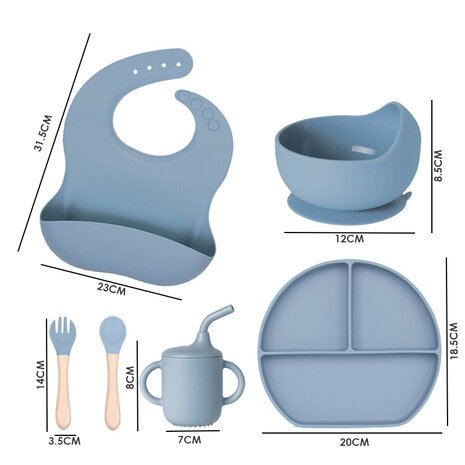 Siliconen baby/peuter servies 6 delig set - bord - slabbetje - kom - drinkbeker - bestek - blauw