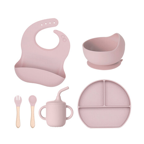 Siliconen baby/peuter servies 6 delig set - bord - slabbetje - kom - drinkbeker - bestek - licht roze