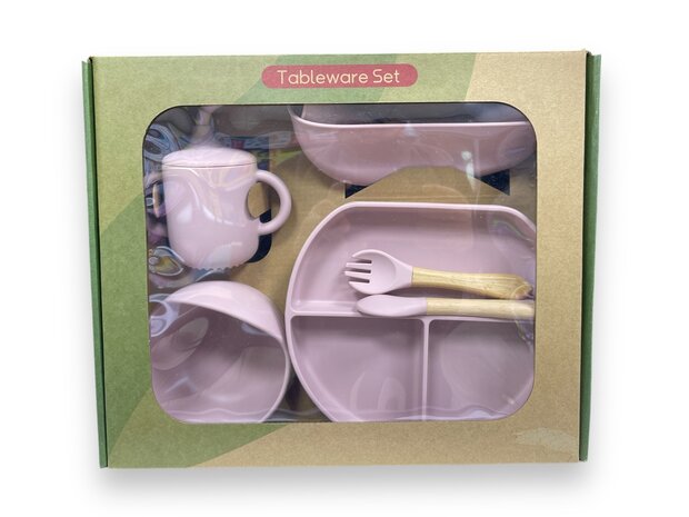 Siliconen baby/peuter servies 6 delig set - bord - slabbetje - kom - drinkbeker - bestek - licht roze