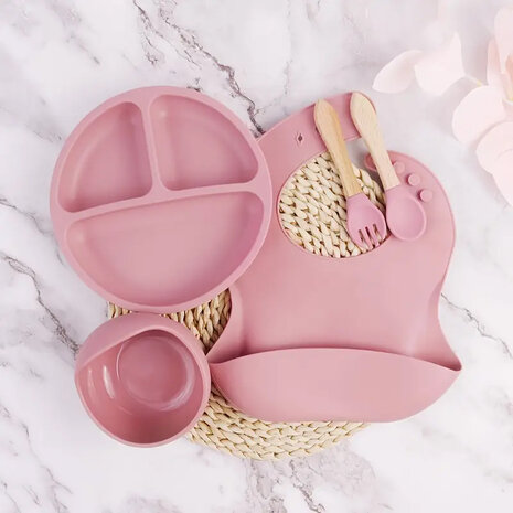 Silicone baby/toddler tableware 6 piece set - plate - bib - bowl - drinking cup - cutlery - light pink