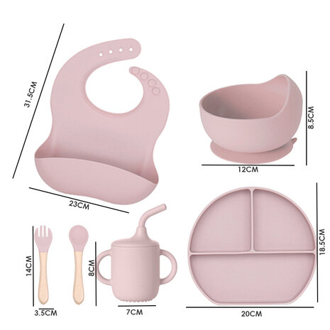 Vaisselle b&eacute;b&eacute;/enfant en silicone 6 pi&egrave;ces - assiette - bavoir - bol - gobelet - couverts - rose clair