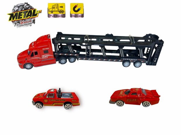 Vrachtwagen - DIE-CAST - autotransporter&nbsp;+ 2 mini auto&#039;s 3in1 - pull-back drive Truck R